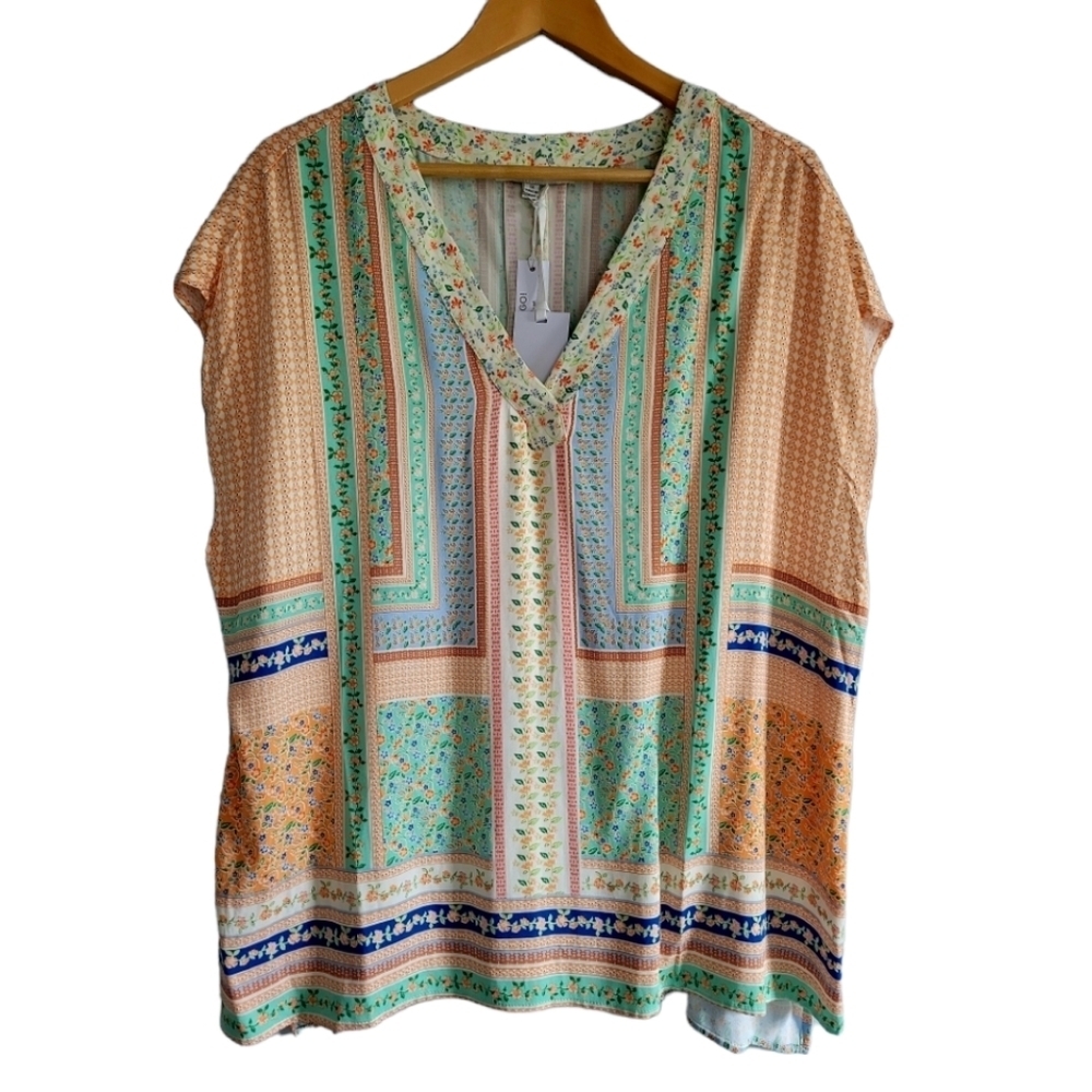 Rose + Olive Sleeveless Calico Patchwork Print Pastel Colors Tunic Top New Plus